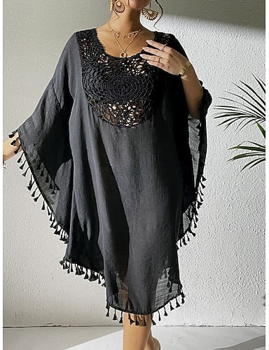 Cover Up Swimsuit Dress Lace Patchwork Fringe Vacation Beach Wear Color Round Neck Long Sleeve Bathing Suits