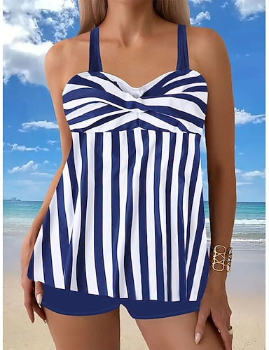Tankini 2 Piece Swimsuit Shorts Tummy Control High Waist Slim Backless Vacation Beach Wear Geometric Striped V Neck Sleeveless Bathing Suits