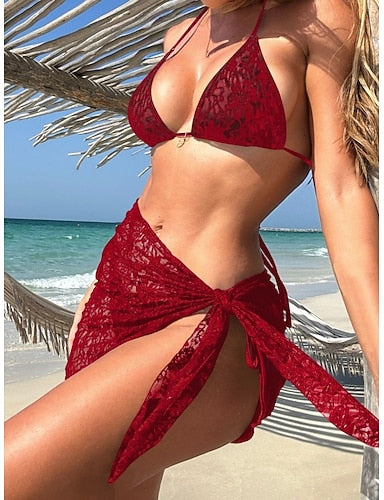 Swimwear Bikini Three Piece Skirt Swimsuit Slim Backless Vacation Beach Wear Color Halter Neck Sleeveless Bathing Suits