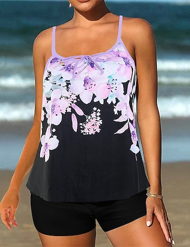 Tankini Two Piece Swimsuit Swimwear Swimwear Black Blue Breathable Quick Dry Lightweight Sleeveless - Swimming Surfing Beach Summer Spring