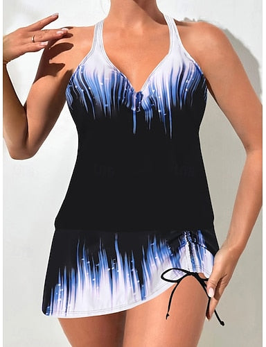 Tankini 2 Piece Swimsuit Skirt Tummy Control High Waist Slim Backless Vacation Beach Wear Ombre Halter Neck Sleeveless Bathing Suits