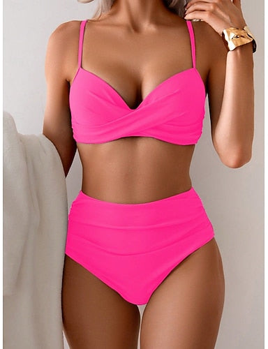 Bikini 2 Piece Swimsuit Ruched Cheeky Tummy Control High Waist Slim Backless Vacation Beach Wear Color V Neck Sleeveless Bathing Suits