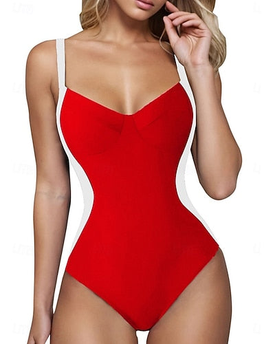 One Piece Swimsuit Slimming Colorblock Monokini Tummy Control High Waist Slim Backless Vacation Beach Wear Color Block V Neck Sleeveless Bathing Suits