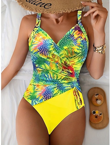 One Piece Swimsuit Slimming Ruched Colorblock Monokini Tummy Control High Waist Slim Backless Vacation Beach Wear Ombre V Neck Sleeveless Bathing Suits
