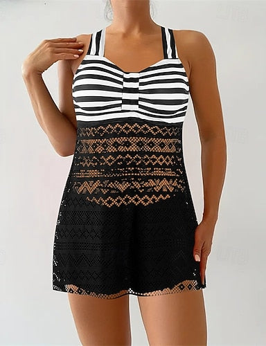 Tankini Two Piece Swimsuit Lace Swimwear Stripes Swimwear Black Purple Breathable Quick Dry Lightweight Sleeveless - Swimming Surfing Beach Summer Spring