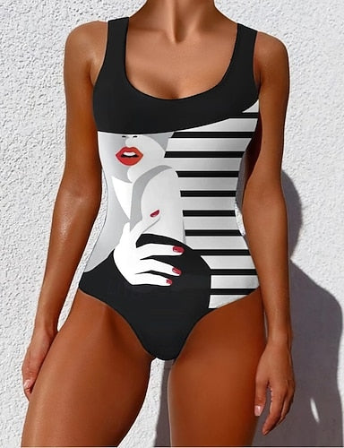 One Piece Swimsuit Slimming Monokini Briefs Tummy Control High Waist Slim Backless Vacation Ombre Graphic U Neck Sleeveless Bathing Suits