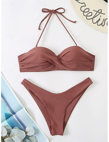 Swimwear Bikini 2 Piece Cheeky Swimsuit Slim Backless Vacation Beach Wear Color Halter Neck Sleeveless Bathing Suits