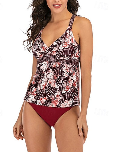 Tankini Two Piece Swimsuit Open Back Swimwear Swimwear Wine Breathable Quick Dry Sleeveless - Swimming Surfing Snorkeling Summer