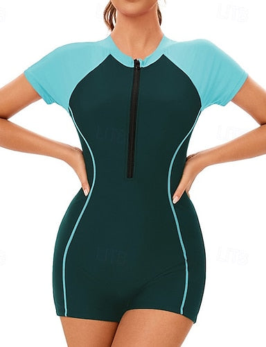 Rash Guard Bathing Suit One Piece Swimsuit Patchwork Zip Up Uv Sun Protection Upf50+ Short Sleeve Swimwear Surfing Swimming Summer